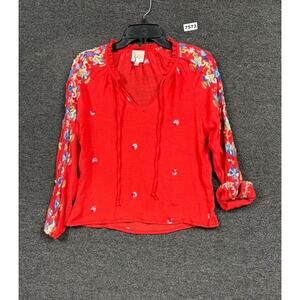 Fig Flower Anthropologie Peasant Blouse Womens Size S Red Boho Embroidery